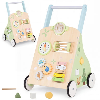 Wooden Baby Walker with 7-in-1 Activity Center and Adjustable Height for 12+ Months Olds