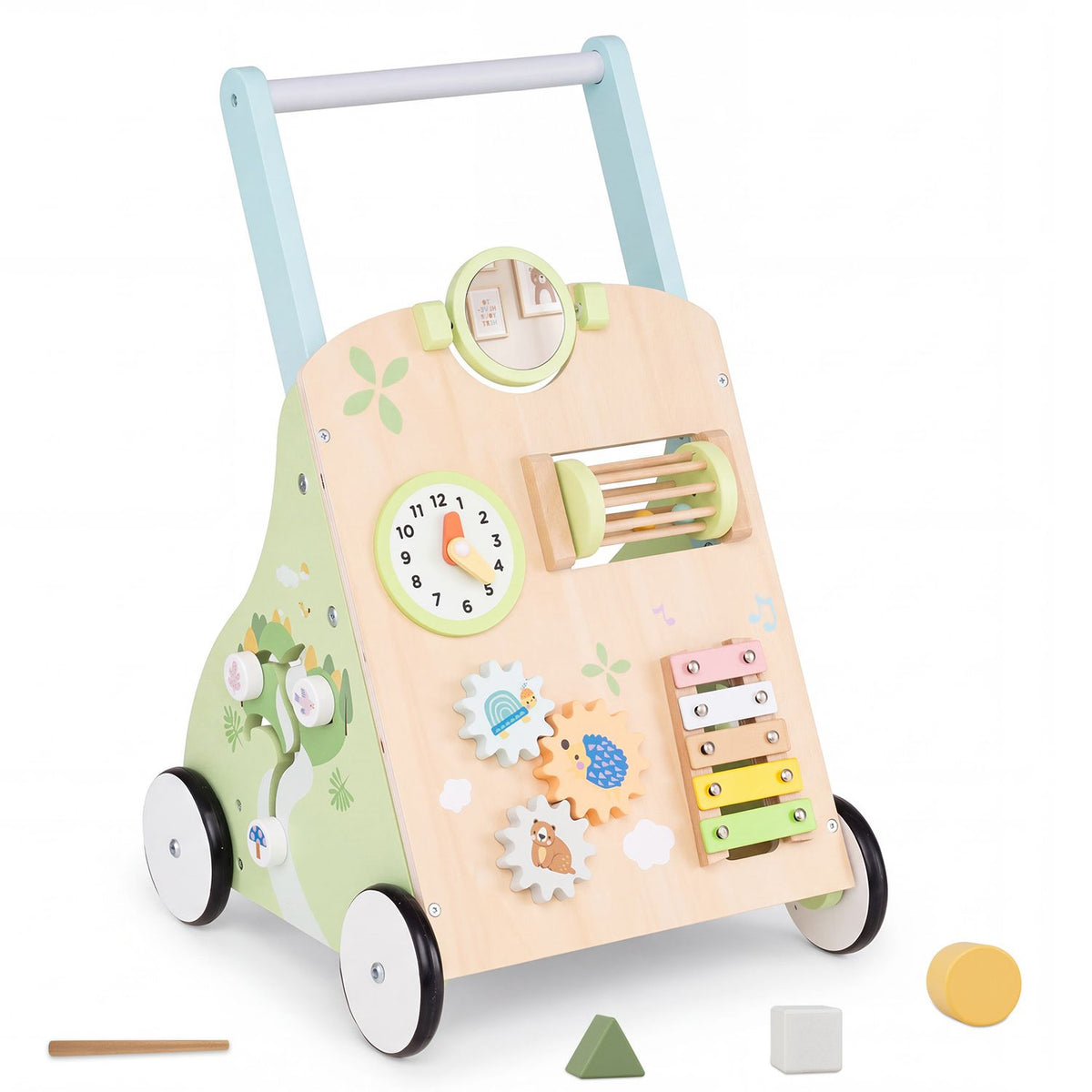 Wooden Baby Walker with 7-in-1 Activity Center and Adjustable Height for 12+ Months Olds