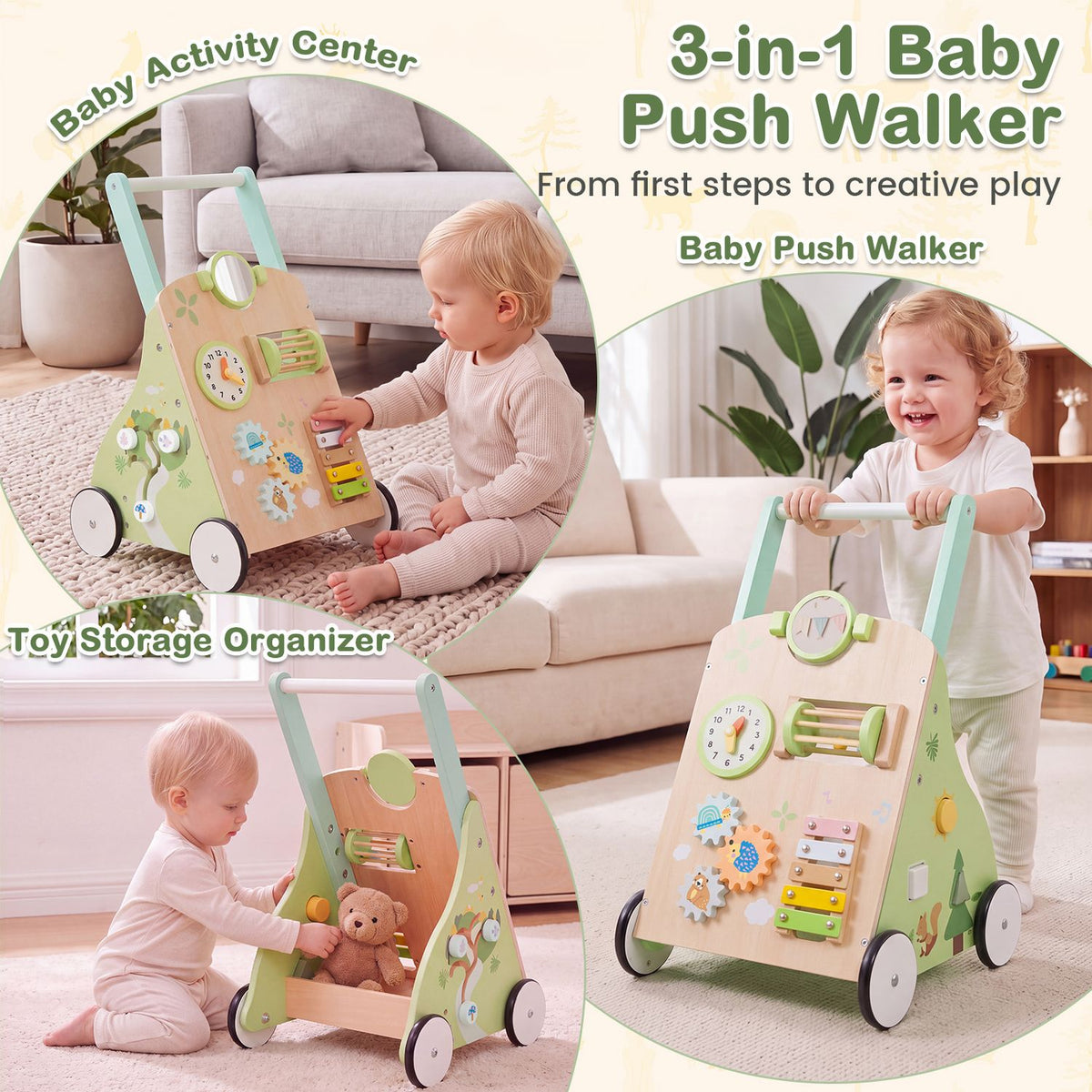 Wooden Baby Walker with 7-in-1 Activity Center and Adjustable Height for 12+ Months Olds