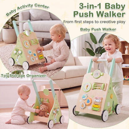 Wooden Baby Walker with 7-in-1 Activity Center and Adjustable Height for 12+ Months Olds