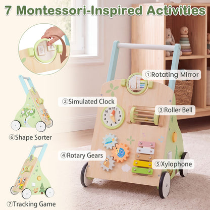Wooden Baby Walker with 7-in-1 Activity Center and Adjustable Height for 12+ Months Olds