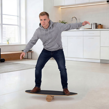 Wooden Balancing Board with Cork Roller and Storage Rack to Exercise-Black