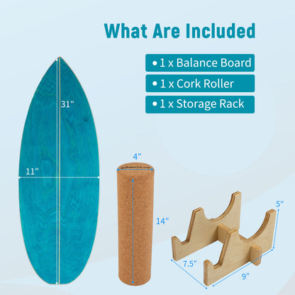 Wooden Balancing Board with Cork Roller and Storage Rack to Exercise-Blue