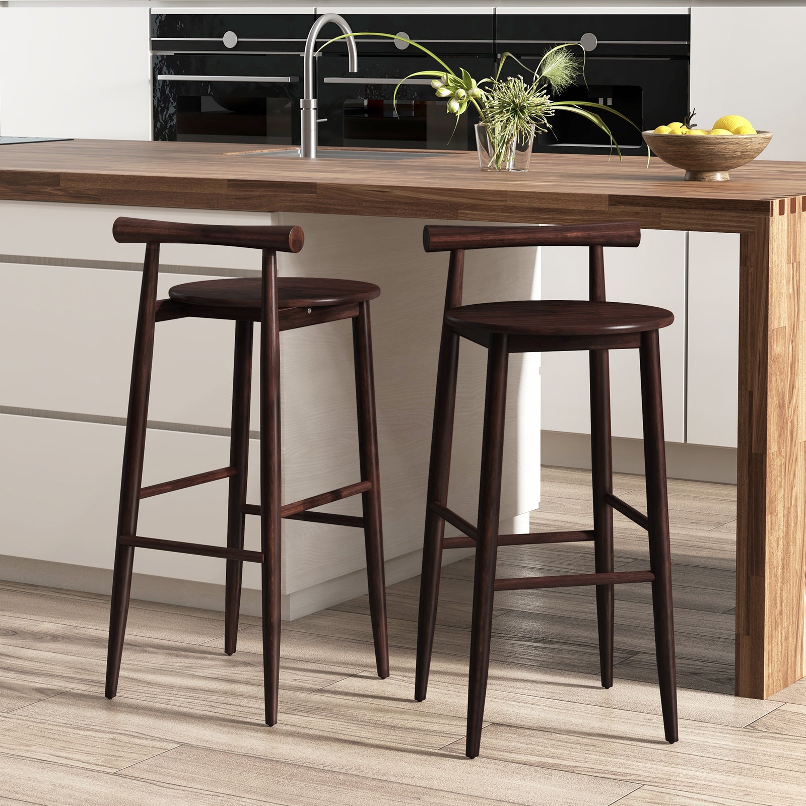 Wooden Bar Chair Set of 2 with Backrest and Footrest for Home Restaurant Cafe-Brown