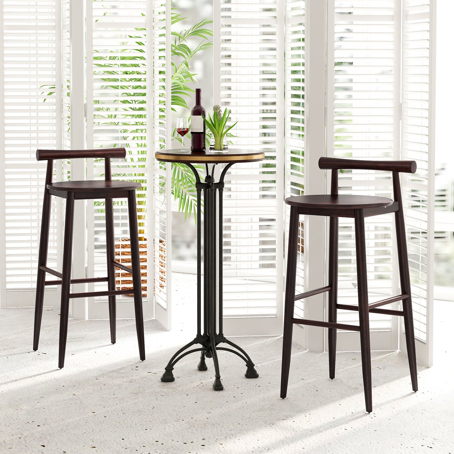 Wooden Bar Chair Set of 2 with Backrest and Footrest for Home Restaurant Cafe-Brown