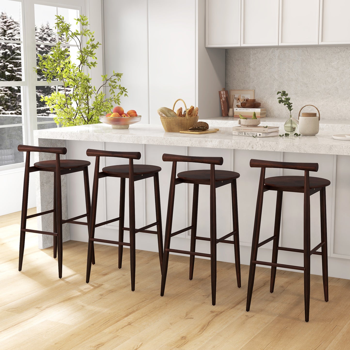 Wooden Bar Chair Set of 2 with Backrest and Footrest for Home Restaurant Cafe-Brown