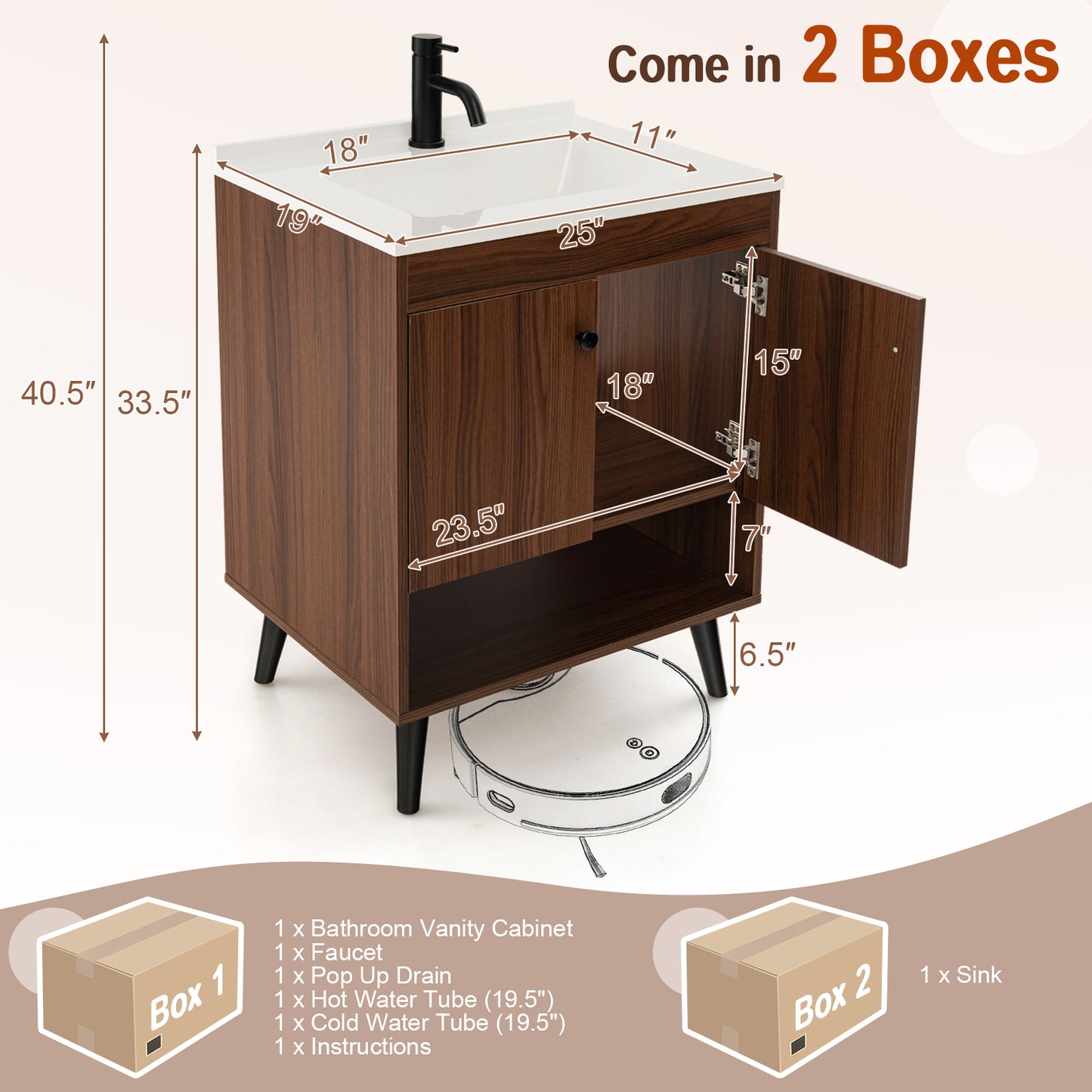 25 Inch Wooden Bathroom Storage Cabinet with Sink-Walnut