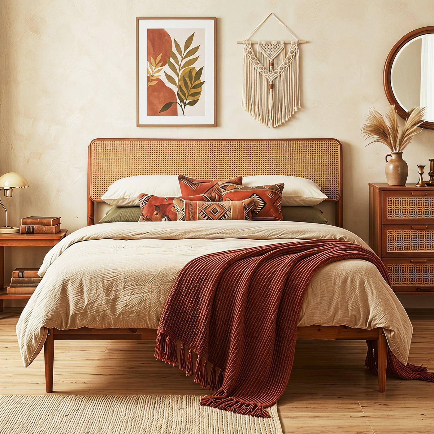 Queen Rattan Headboard Bed Frame with Wood Slat Support