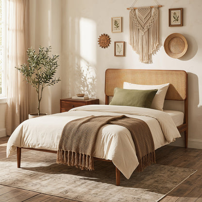 Queen Rattan Headboard Bed Frame with Wood Slat Support