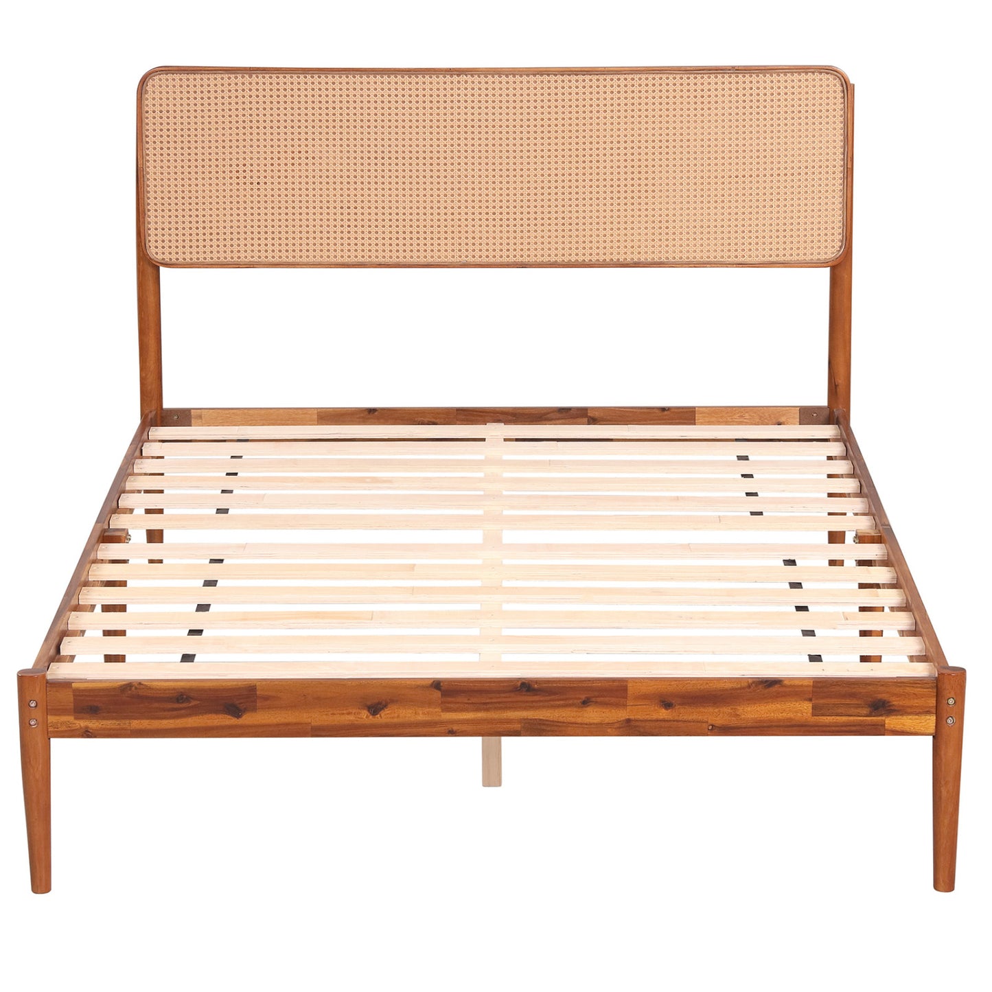 Queen Rattan Headboard Bed Frame with Wood Slat Support