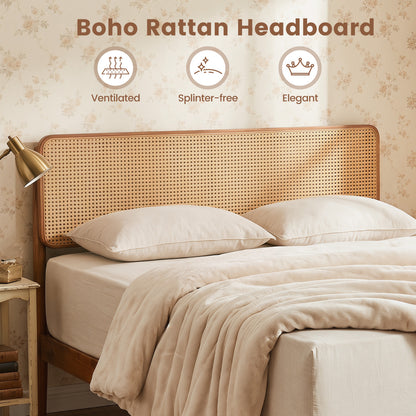 Queen Rattan Headboard Bed Frame with Wood Slat Support