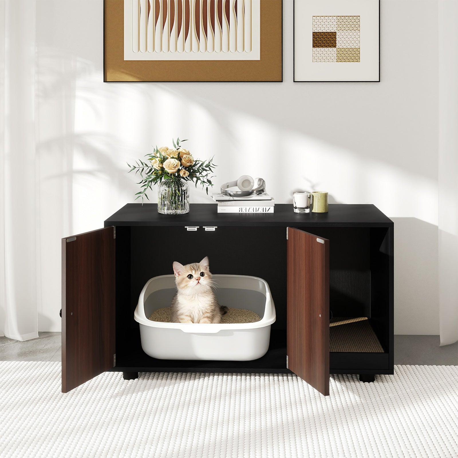 Wooden Cat Litter Box Enclosure Hidden Litter Box Furniture with Scratching Board-Black