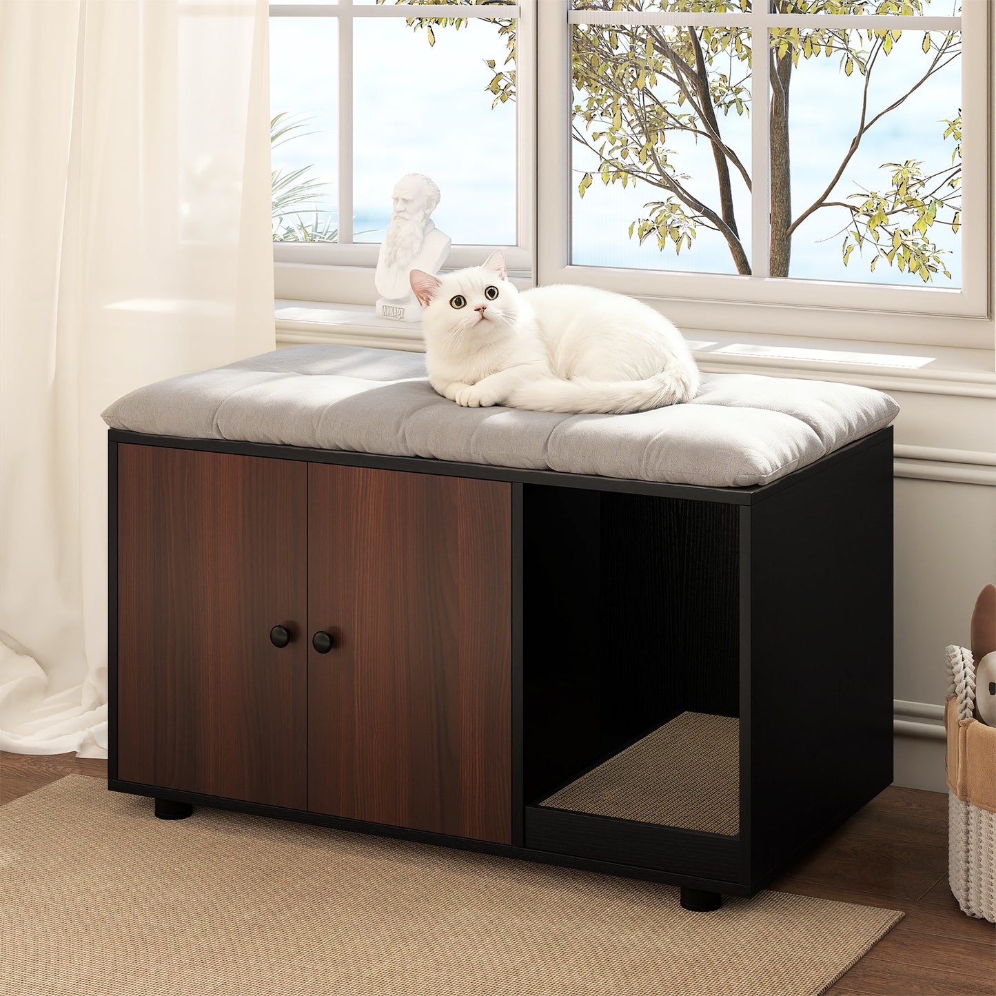 Wooden Cat Litter Box Enclosure Hidden Litter Box Furniture with Scratching Board-Black