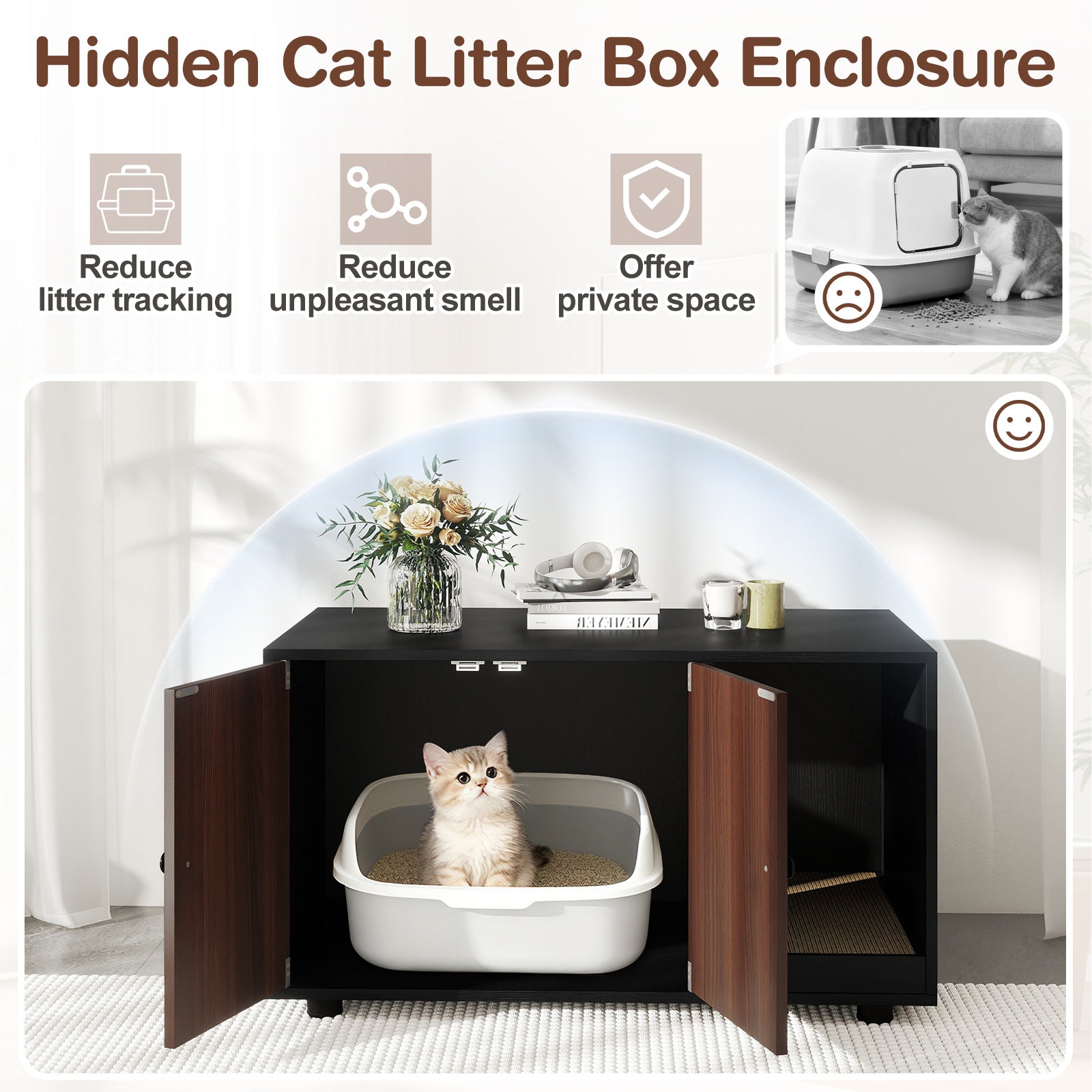 Wooden Cat Litter Box Enclosure Hidden Litter Box Furniture with Scratching Board-Black