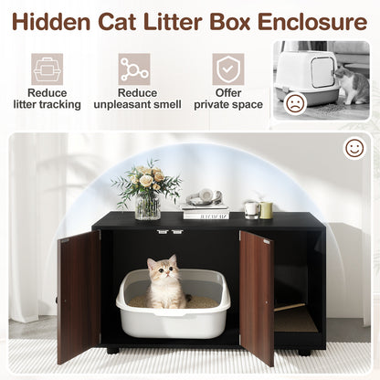 Wooden Cat Litter Box Enclosure Hidden Litter Box Furniture with Scratching Board-Black