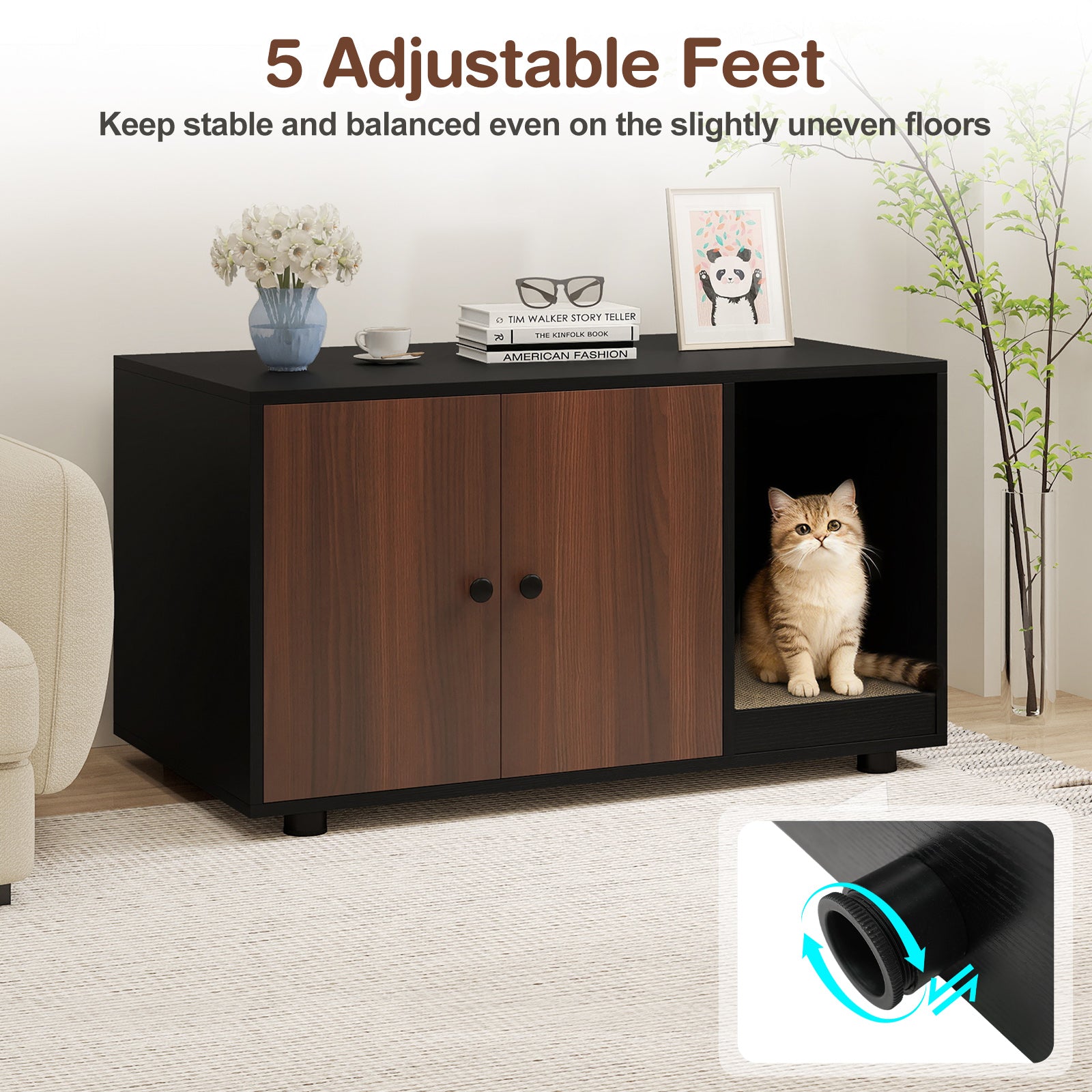 Wooden Cat Litter Box Enclosure Hidden Litter Box Furniture with Scratching Board-Black