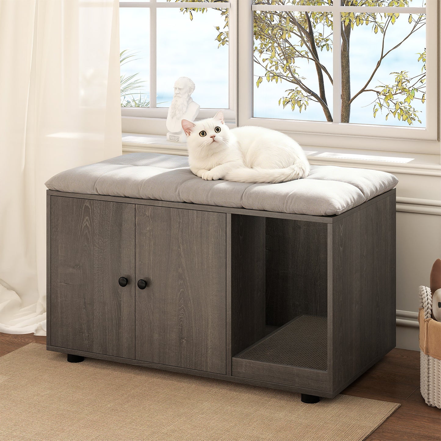 Wooden Cat Litter Box Enclosure Hidden Litter Box Furniture with Scratching Board-Oak