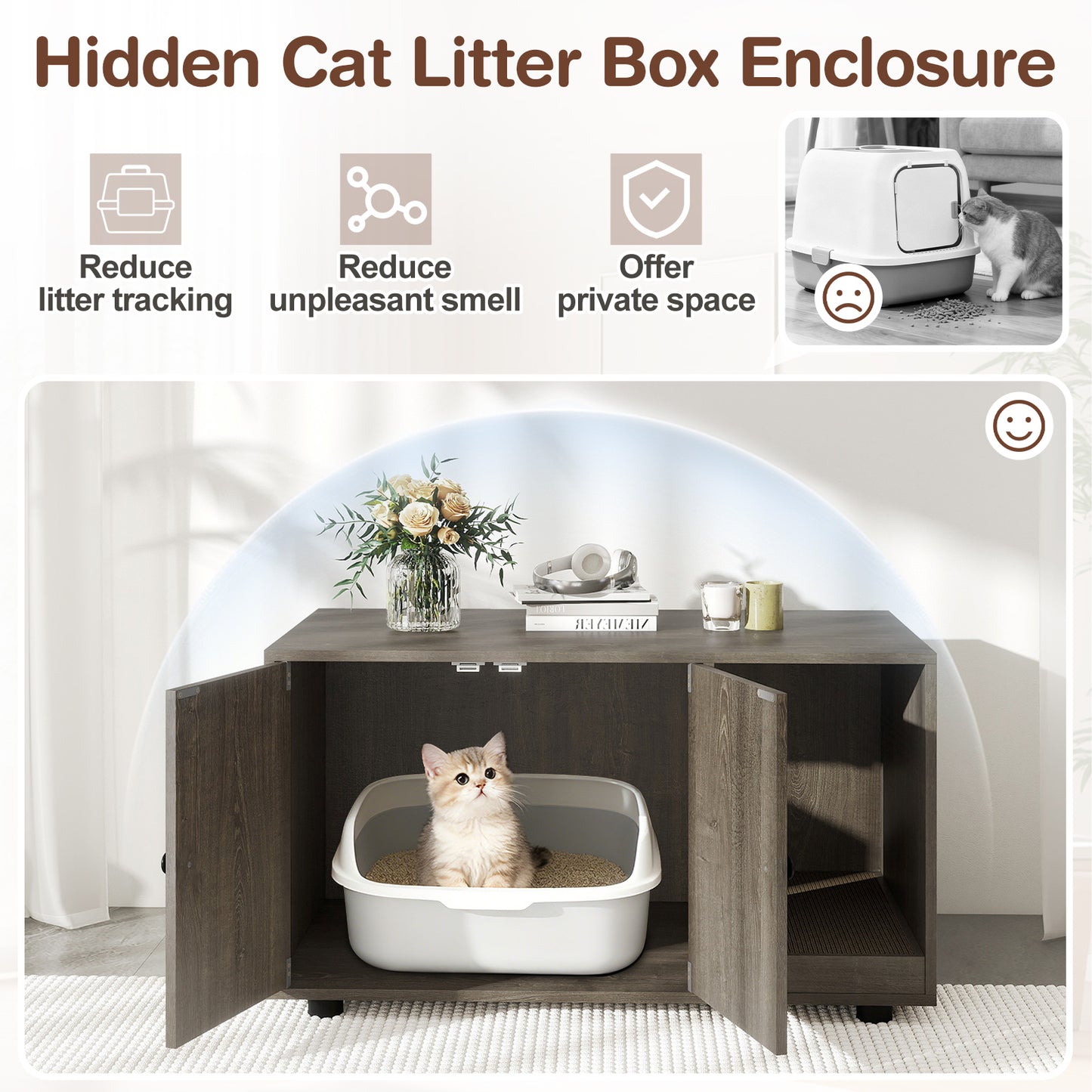 Wooden Cat Litter Box Enclosure Hidden Litter Box Furniture with Scratching Board-Oak