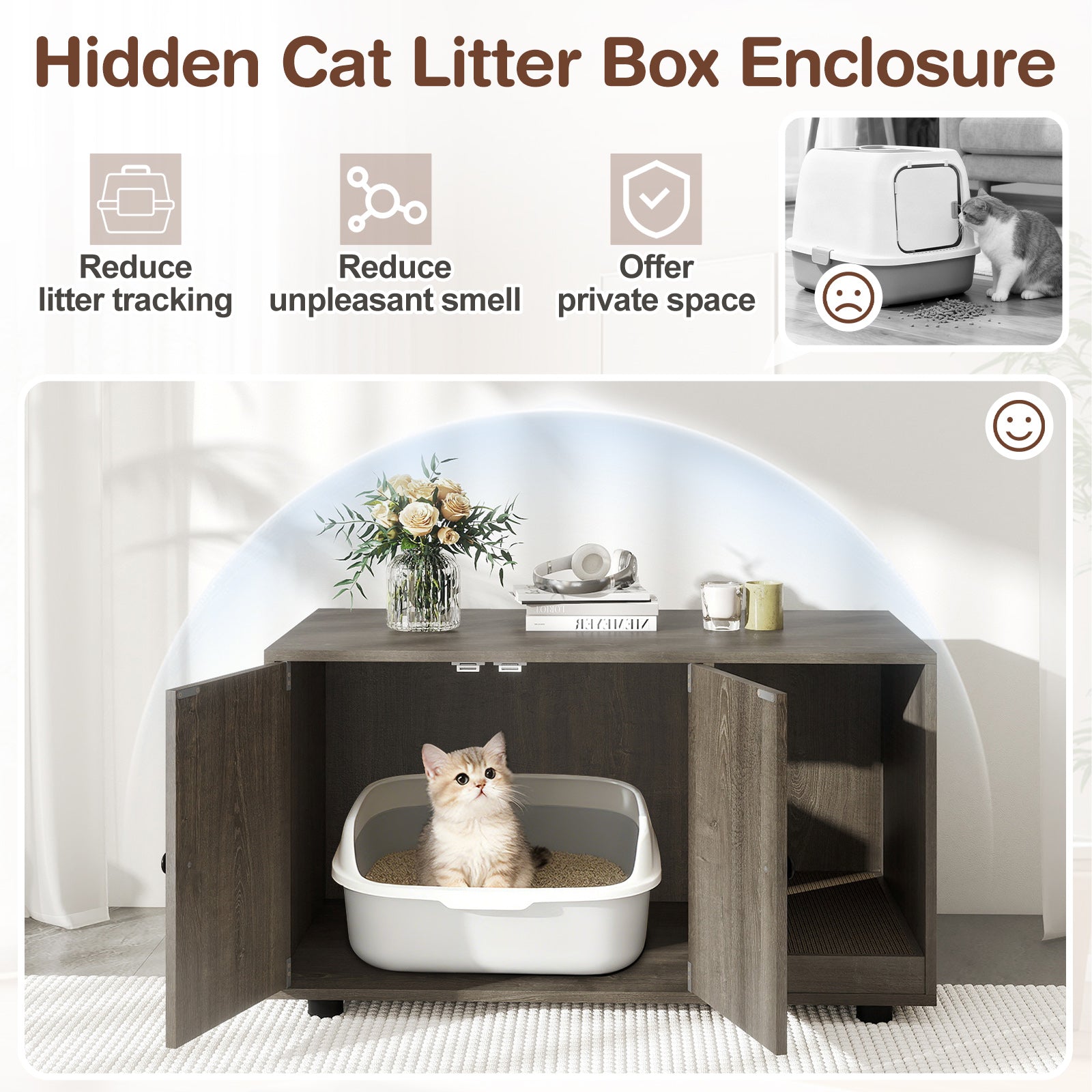 Wooden Cat Litter Box Enclosure Hidden Litter Box Furniture with Scratching Board-Oak