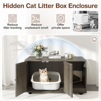 Wooden Cat Litter Box Enclosure Hidden Litter Box Furniture with Scratching Board-Oak