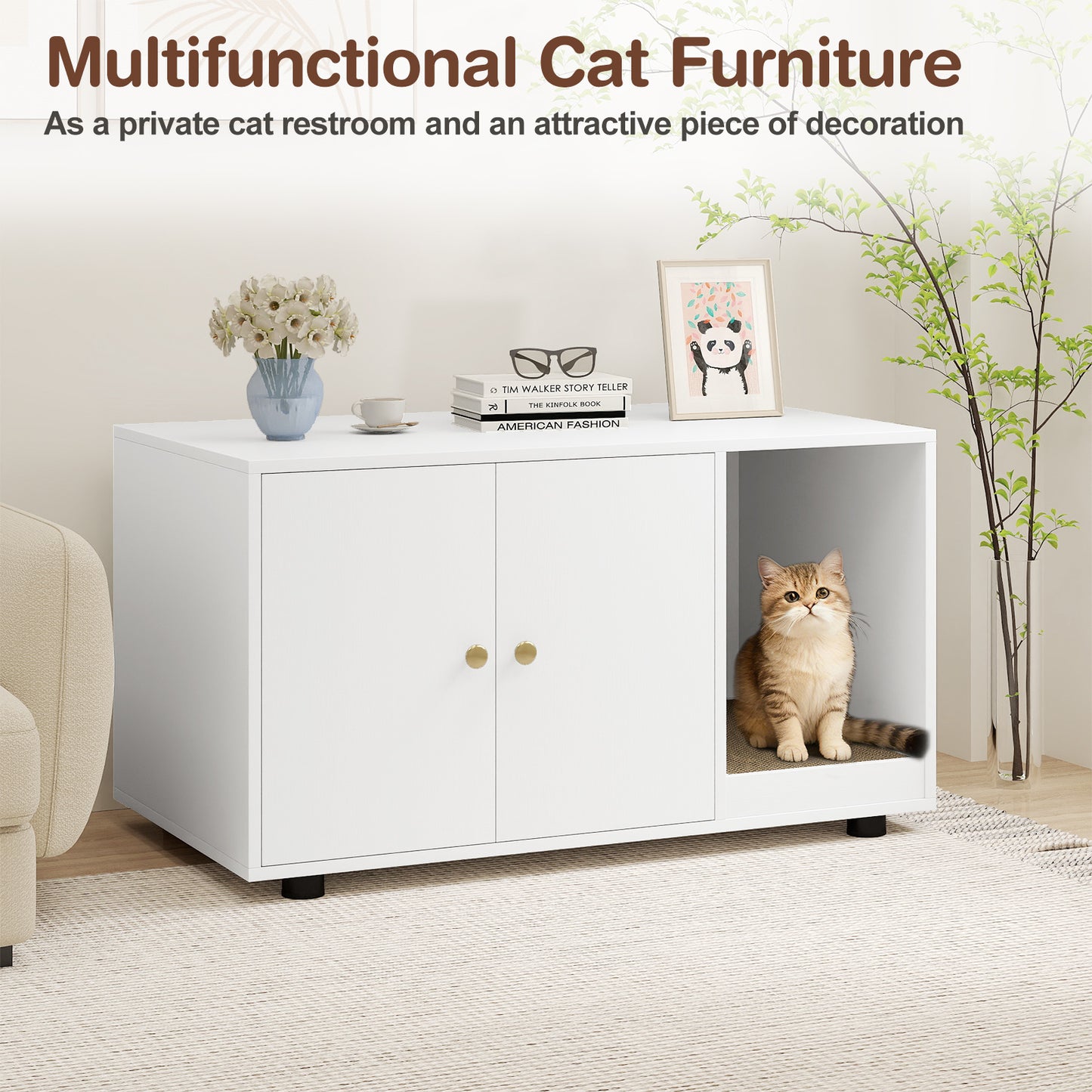 Wooden Cat Litter Box Enclosure Hidden Litter Box Furniture with Scratching Board-White