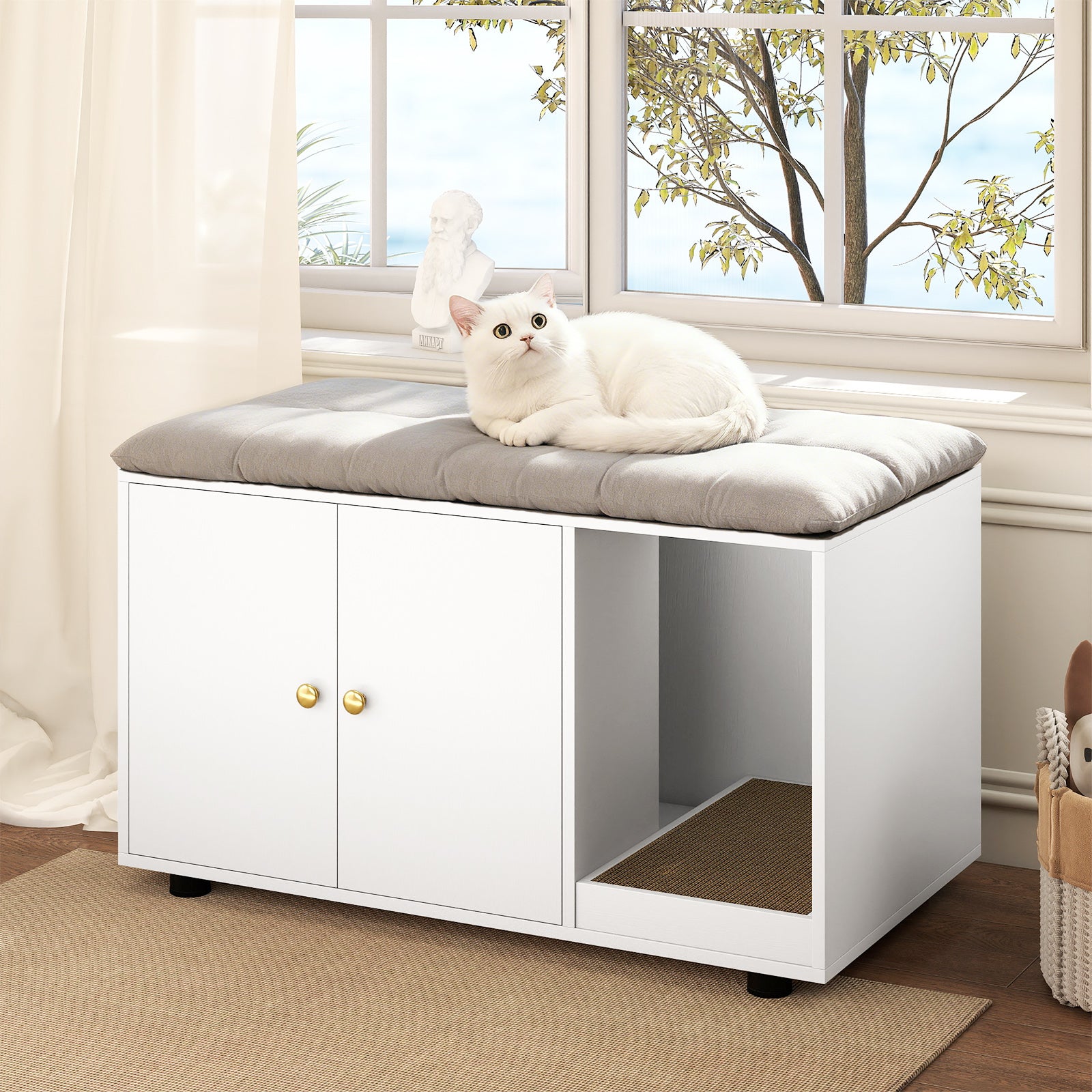 Wooden Cat Litter Box Enclosure Hidden Litter Box Furniture with Scratching Board-White
