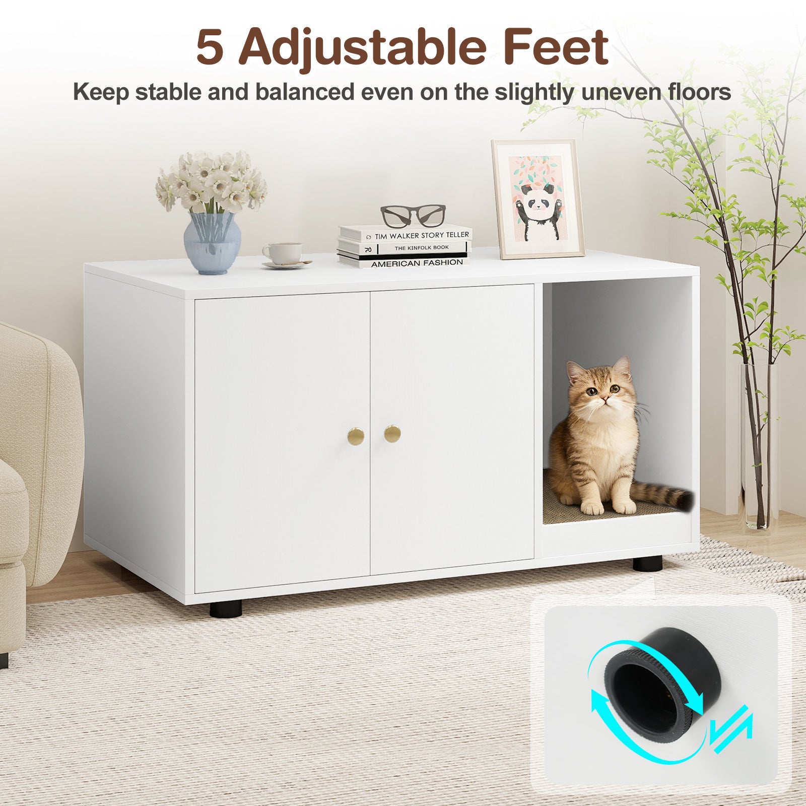 Wooden Cat Litter Box Enclosure Hidden Litter Box Furniture with Scratching Board-White