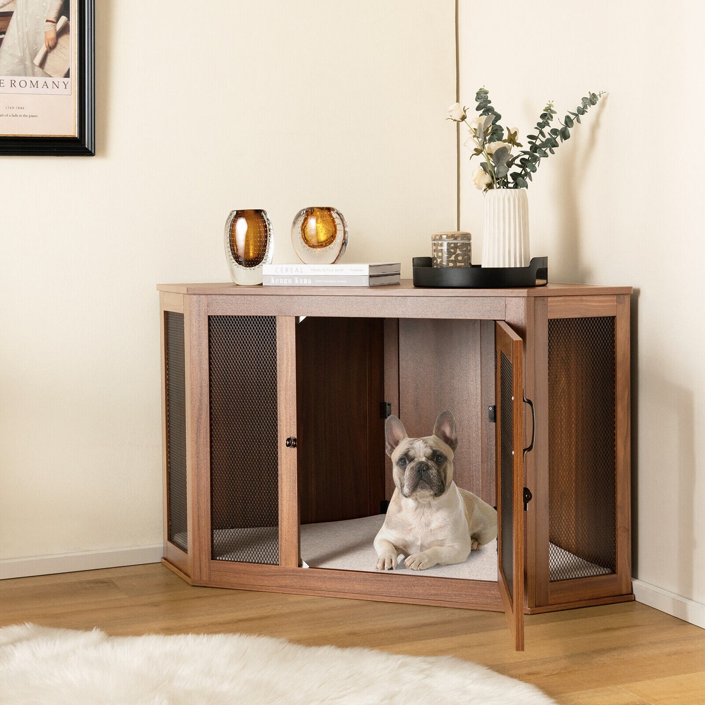 Corner Dog Kennel with Mesh Door and Cushion-Brown