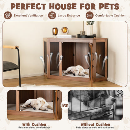 Corner Dog Kennel with Mesh Door and Cushion-Brown
