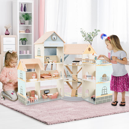 Wooden Corner Dollhouse Playset with 41 Pieces of Accessories for Kids 3+ Years Old-Orange