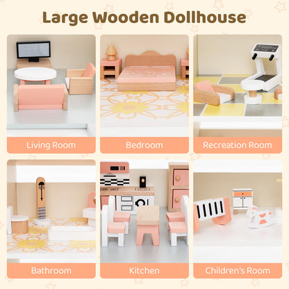 Wooden Corner Dollhouse Playset with 41 Pieces of Accessories for Kids 3+ Years Old-Orange