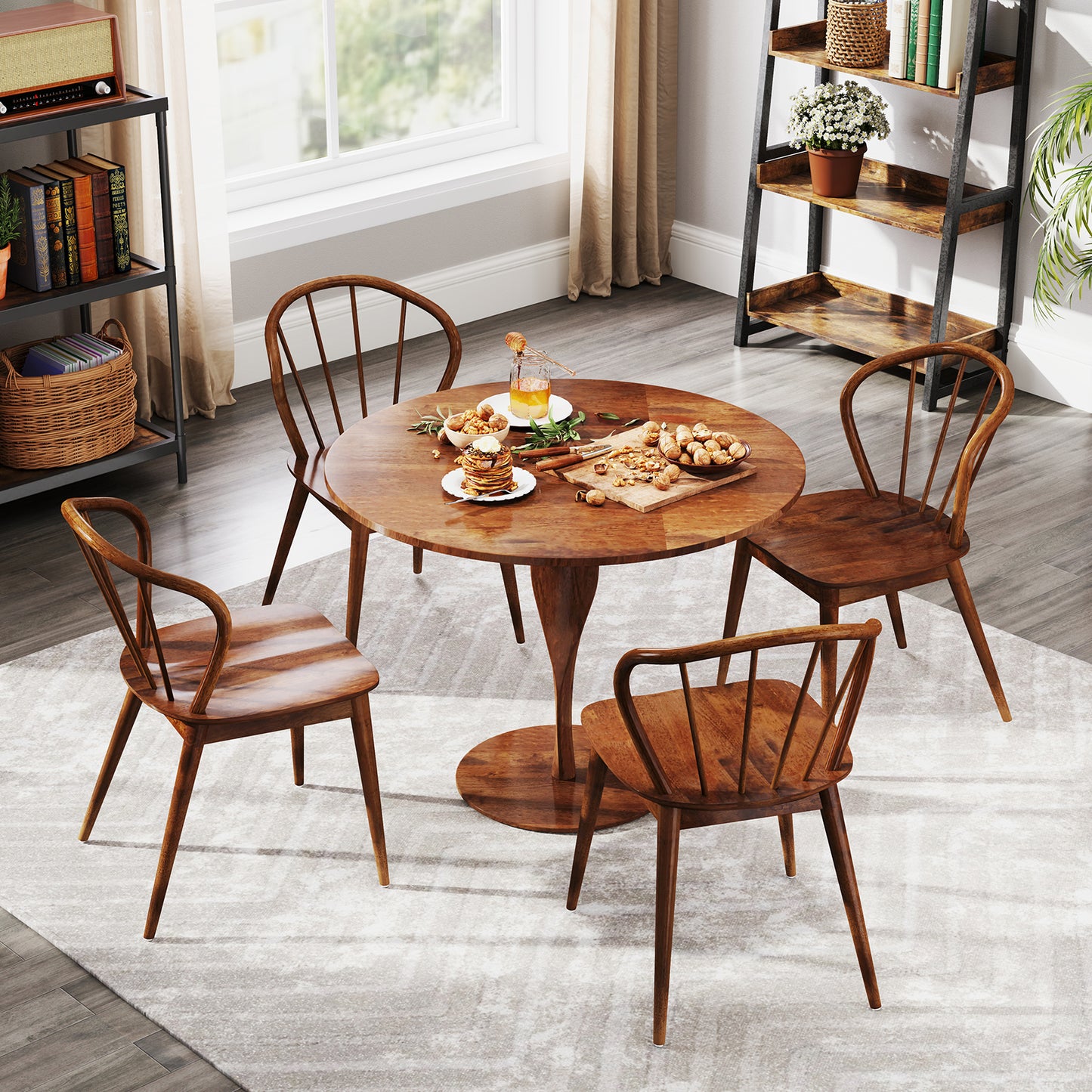 Wooden Dining Chair Set of 2 with High Spindle Back and Wide Seat-Walnut