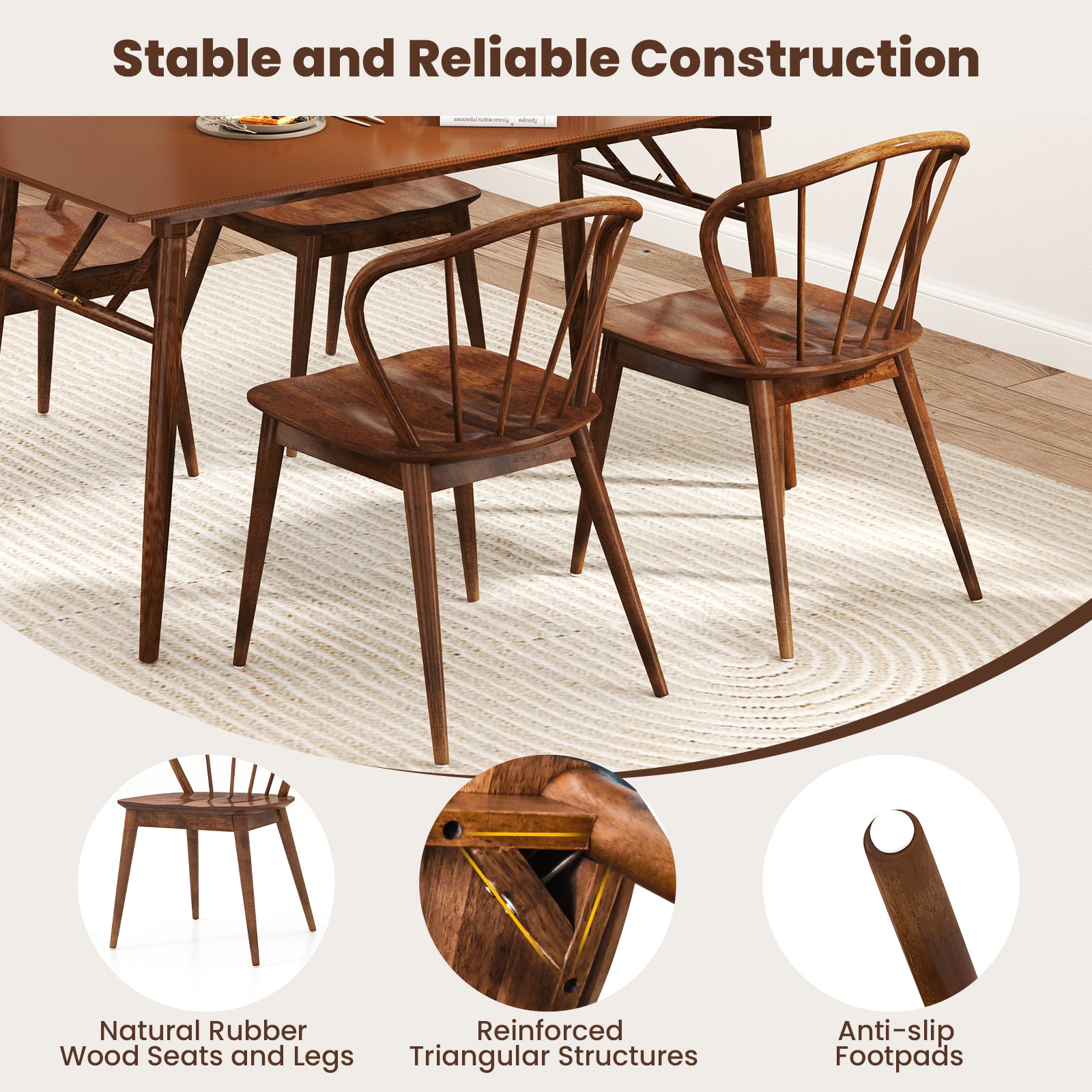 Wooden Dining Chair Set of 2 with High Spindle Back and Wide Seat-Walnut