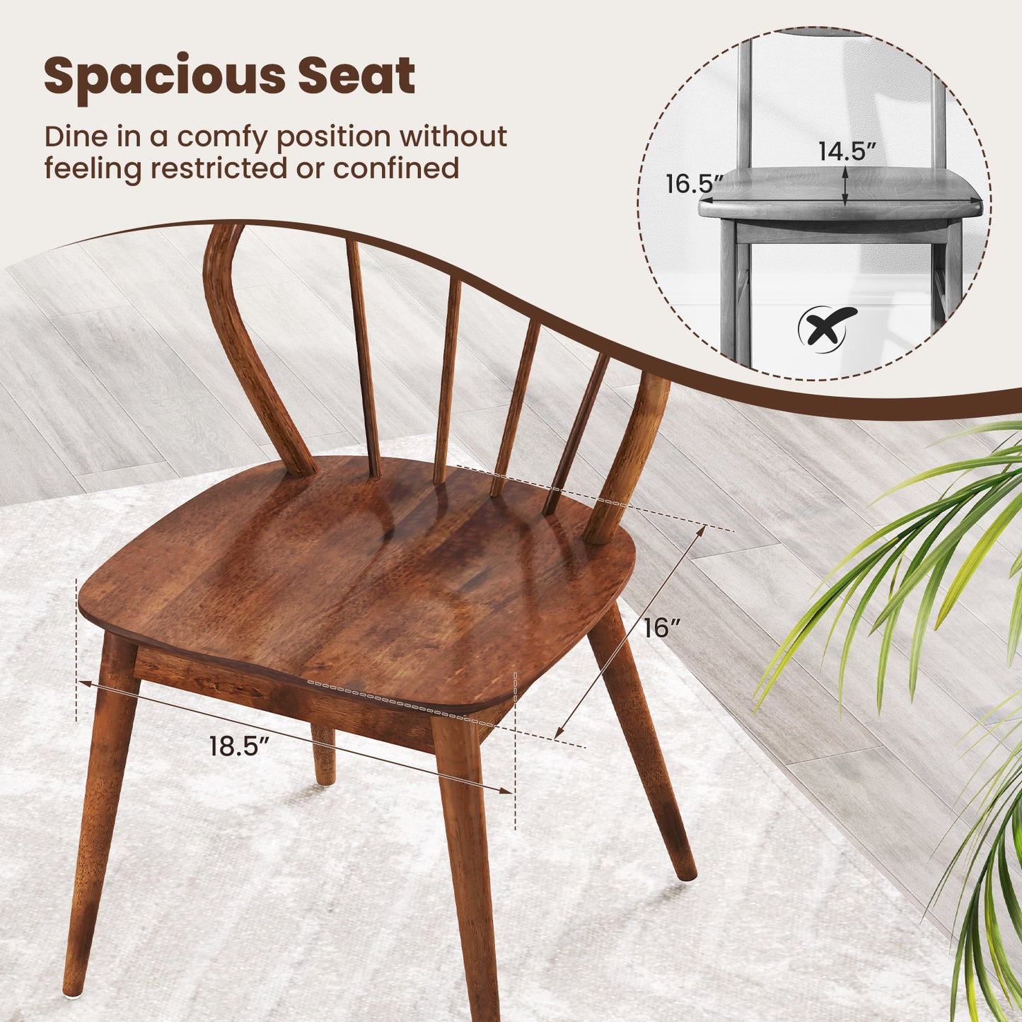 Wooden Dining Chair Set of 2 with High Spindle Back and Wide Seat-Walnut