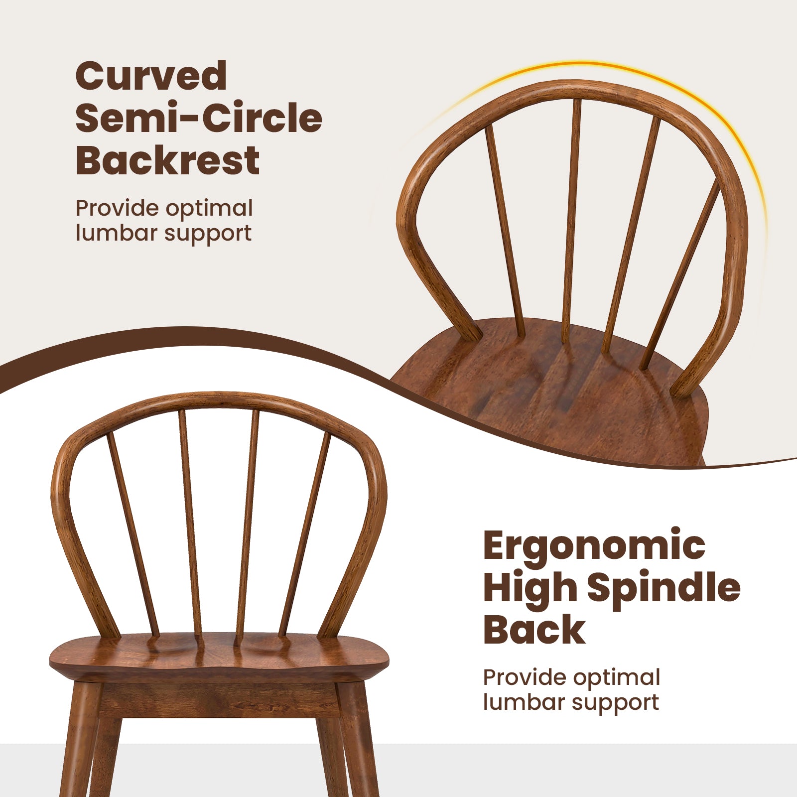 Wooden Dining Chair Set of 2 with High Spindle Back and Wide Seat-Walnut
