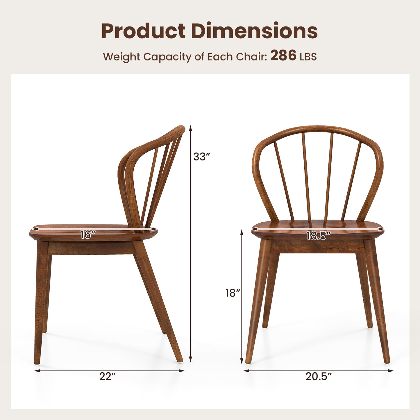 Wooden Dining Chair Set of 2 with High Spindle Back and Wide Seat-Walnut