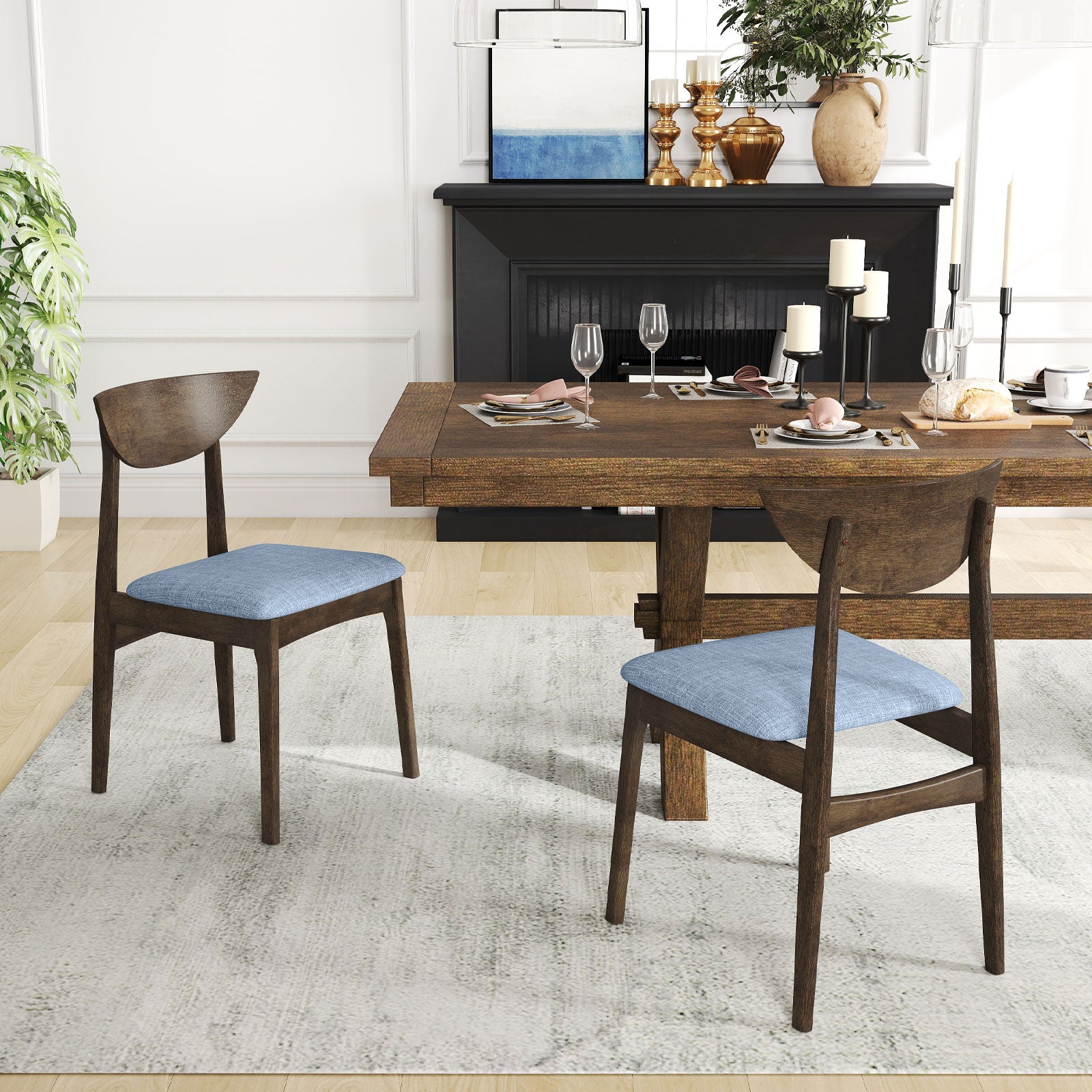 Wooden Dining Chair Set of 2 with Rubber Wood Leg-Brown
