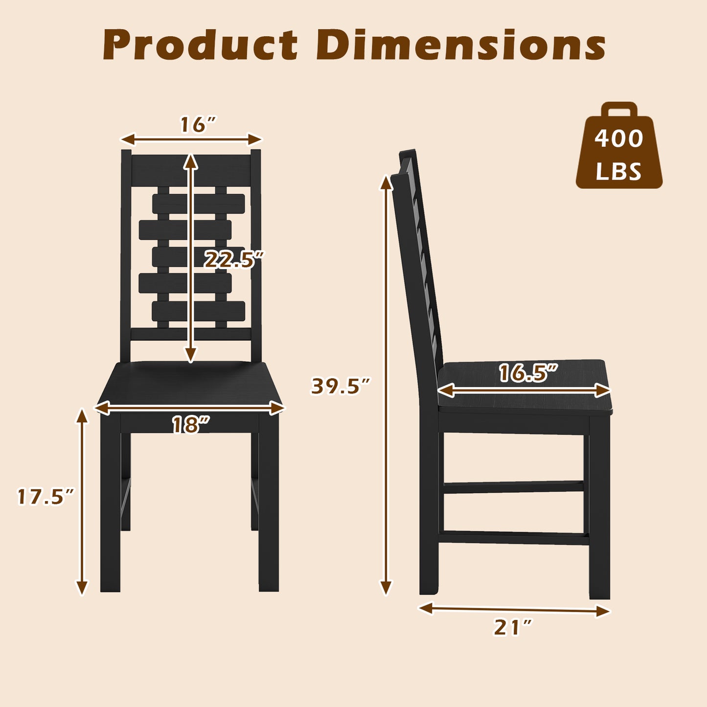 Wooden Dining Chair Set of 2 Solid Rubber Wood Kitchen Chairs-Black