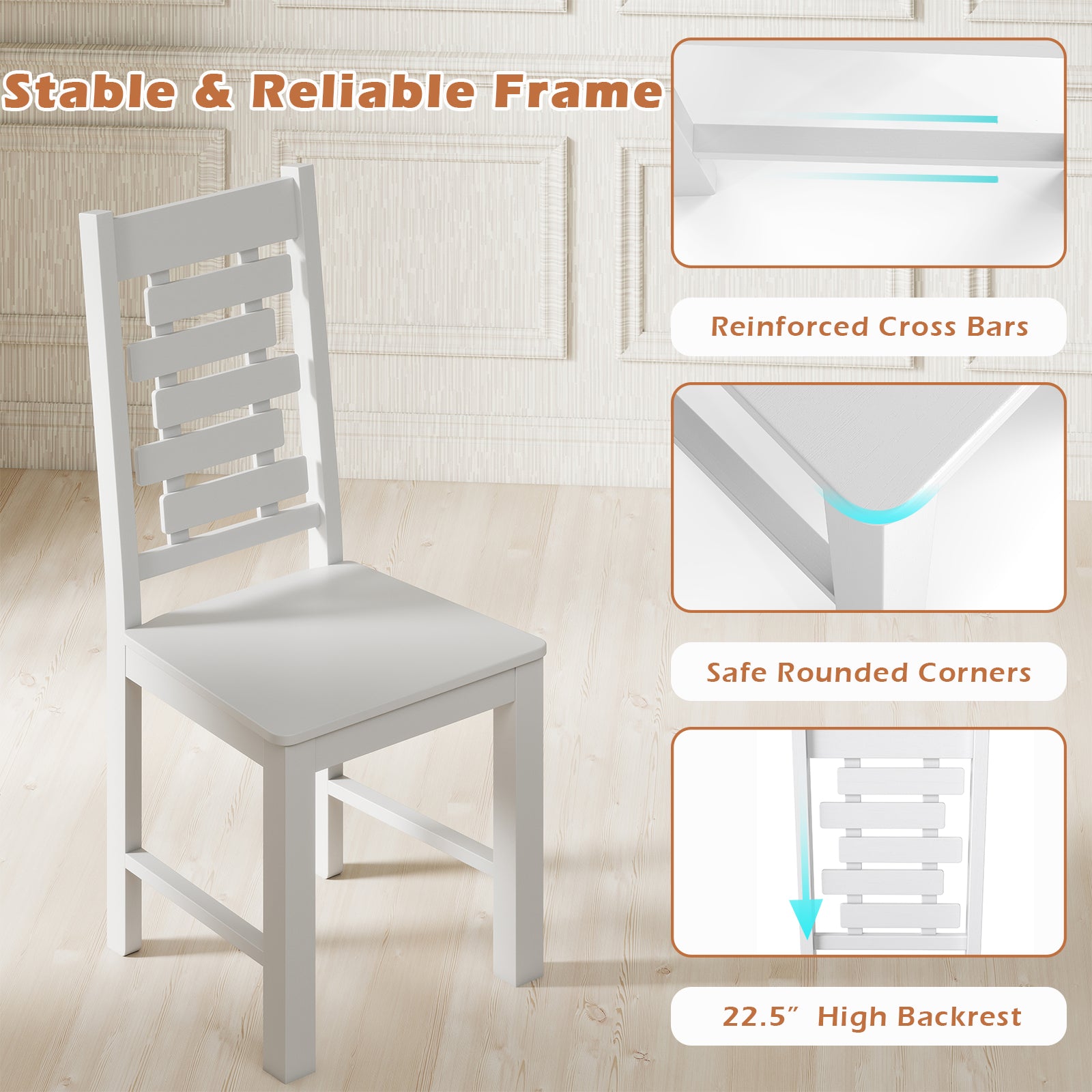 Wooden Dining Chair Set of 2 Solid Rubber Wood Kitchen Chairs-White
