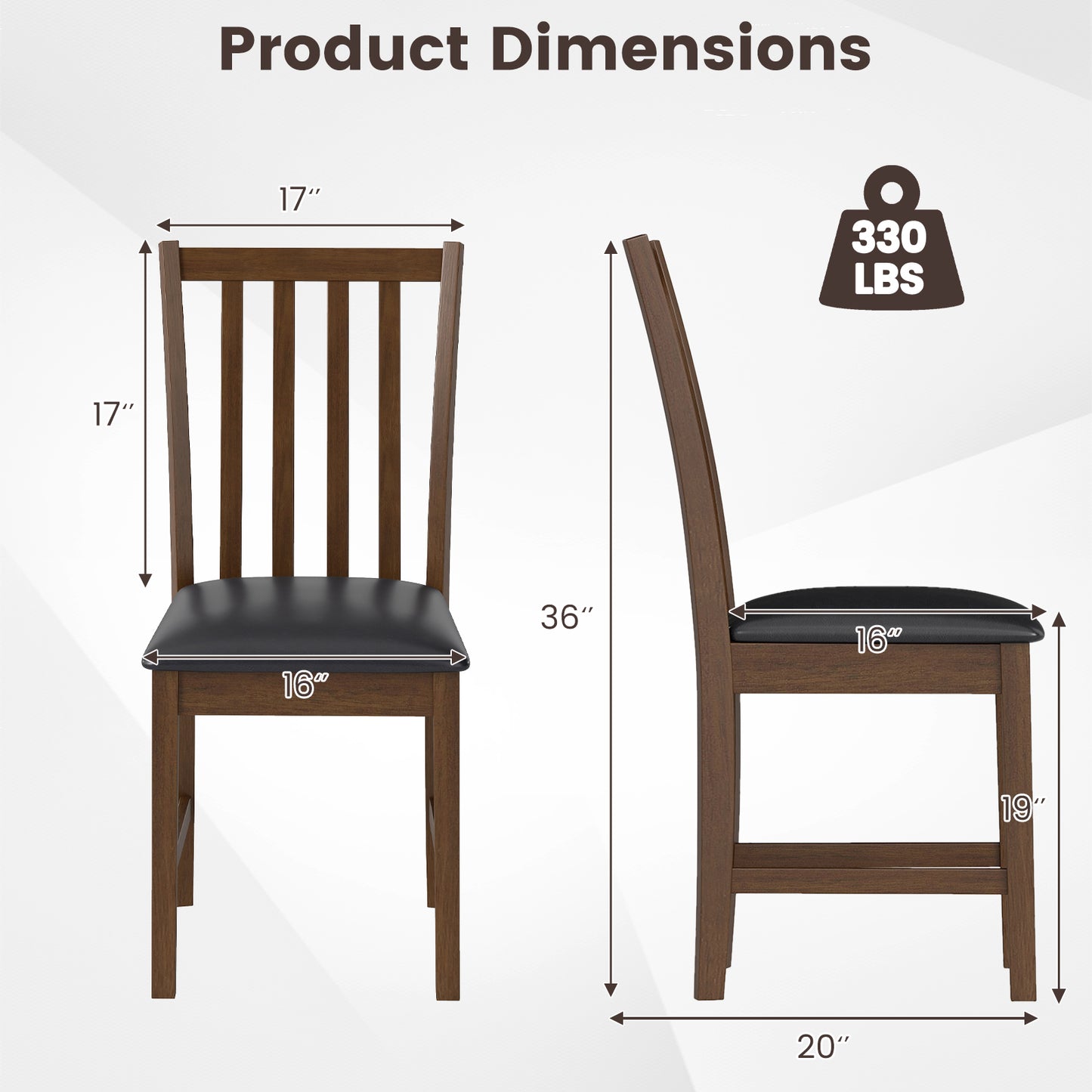 Wooden Dining Chair Set of 2 with Rubber Wood Frame and Padded Seat-Brown