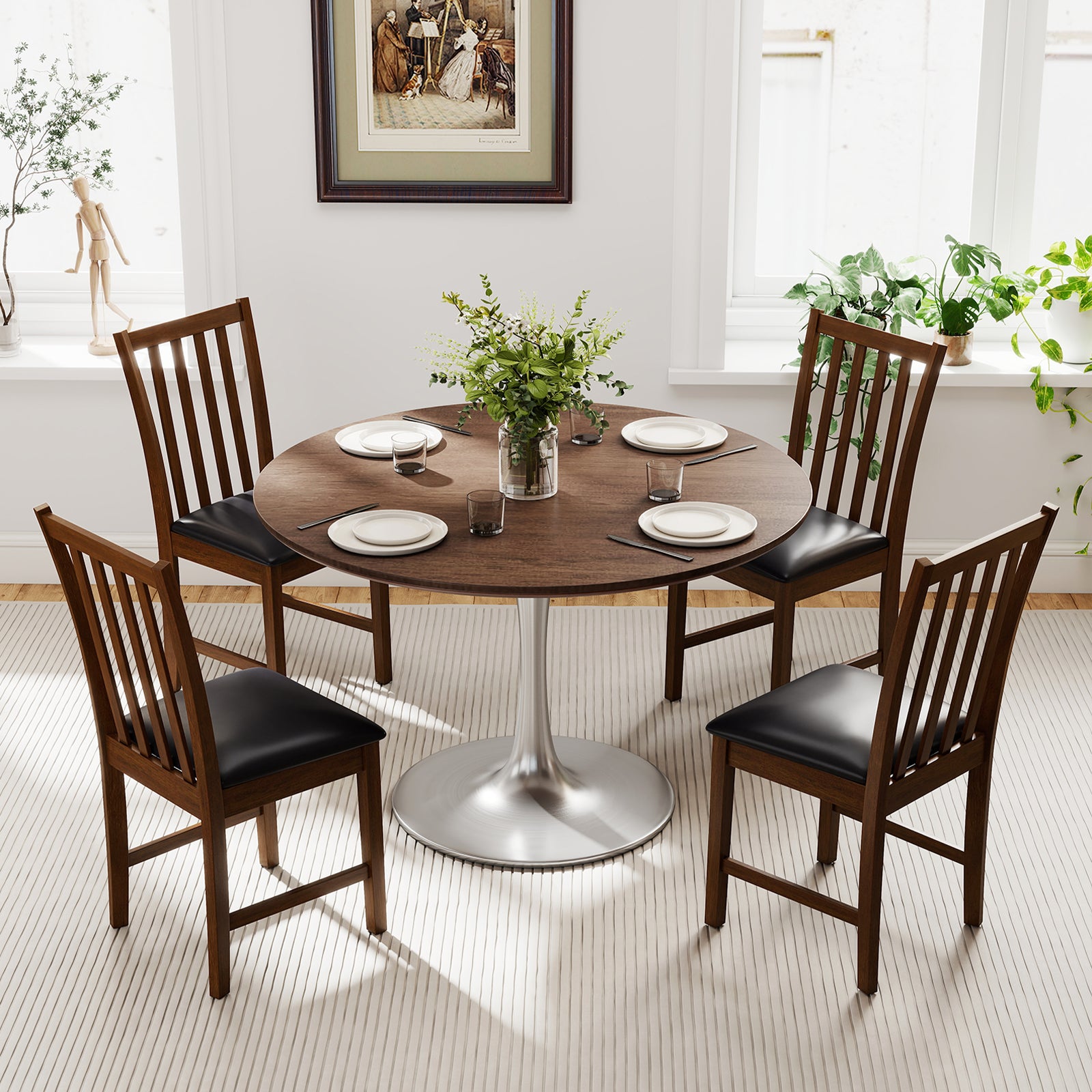 Wooden Dining Chair Set of 2 with Rubber Wood Frame and Padded Seat-Brown