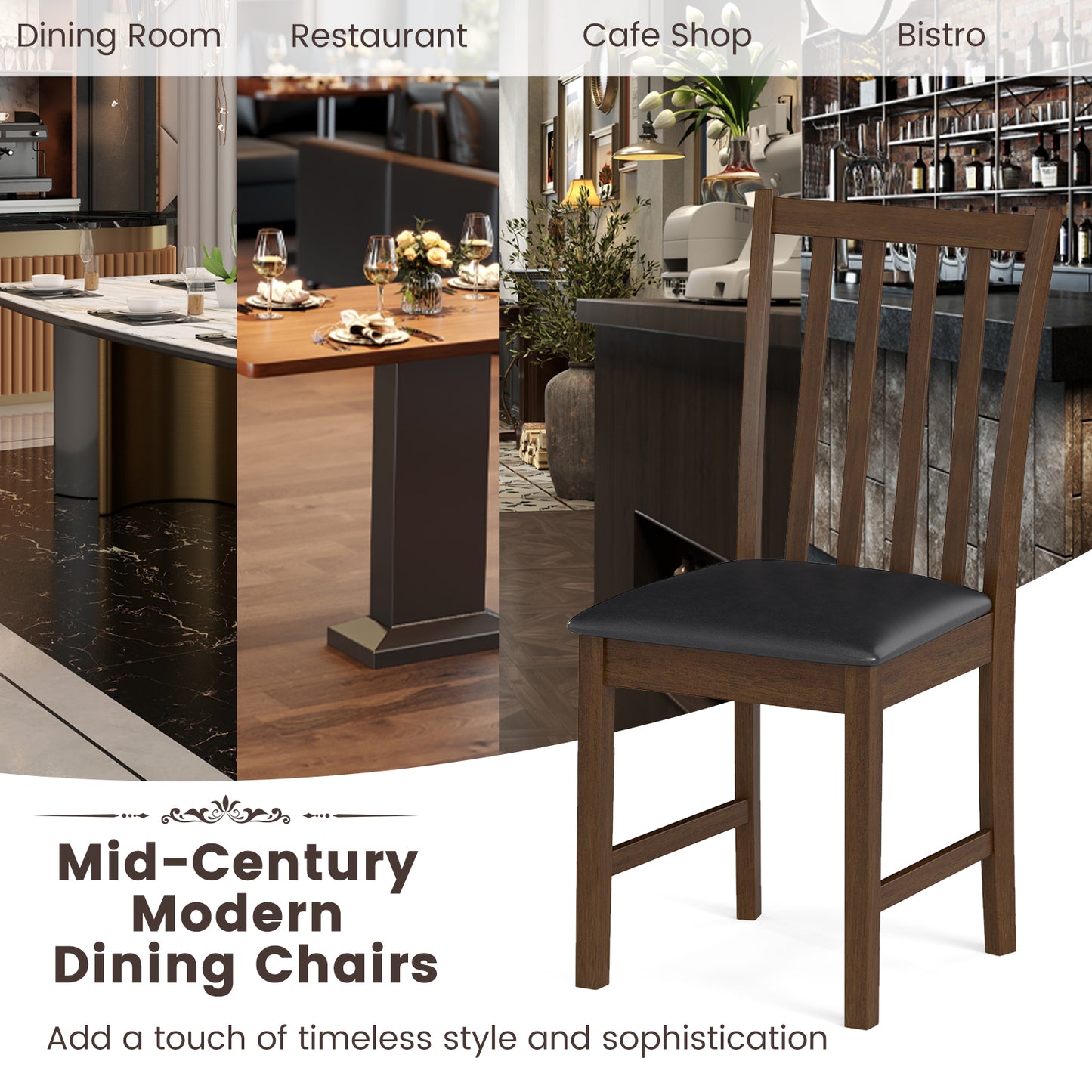 Wooden Dining Chair Set of 2 with Rubber Wood Frame and Padded Seat-Brown