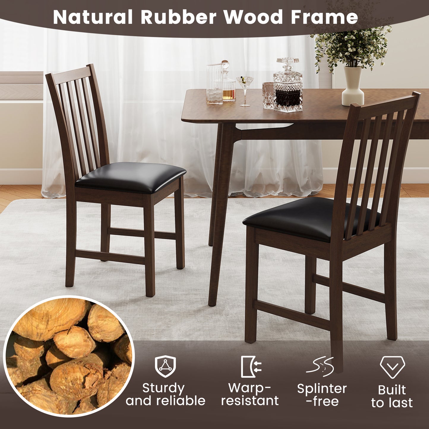 Wooden Dining Chair Set of 2 with Rubber Wood Frame and Padded Seat-Brown