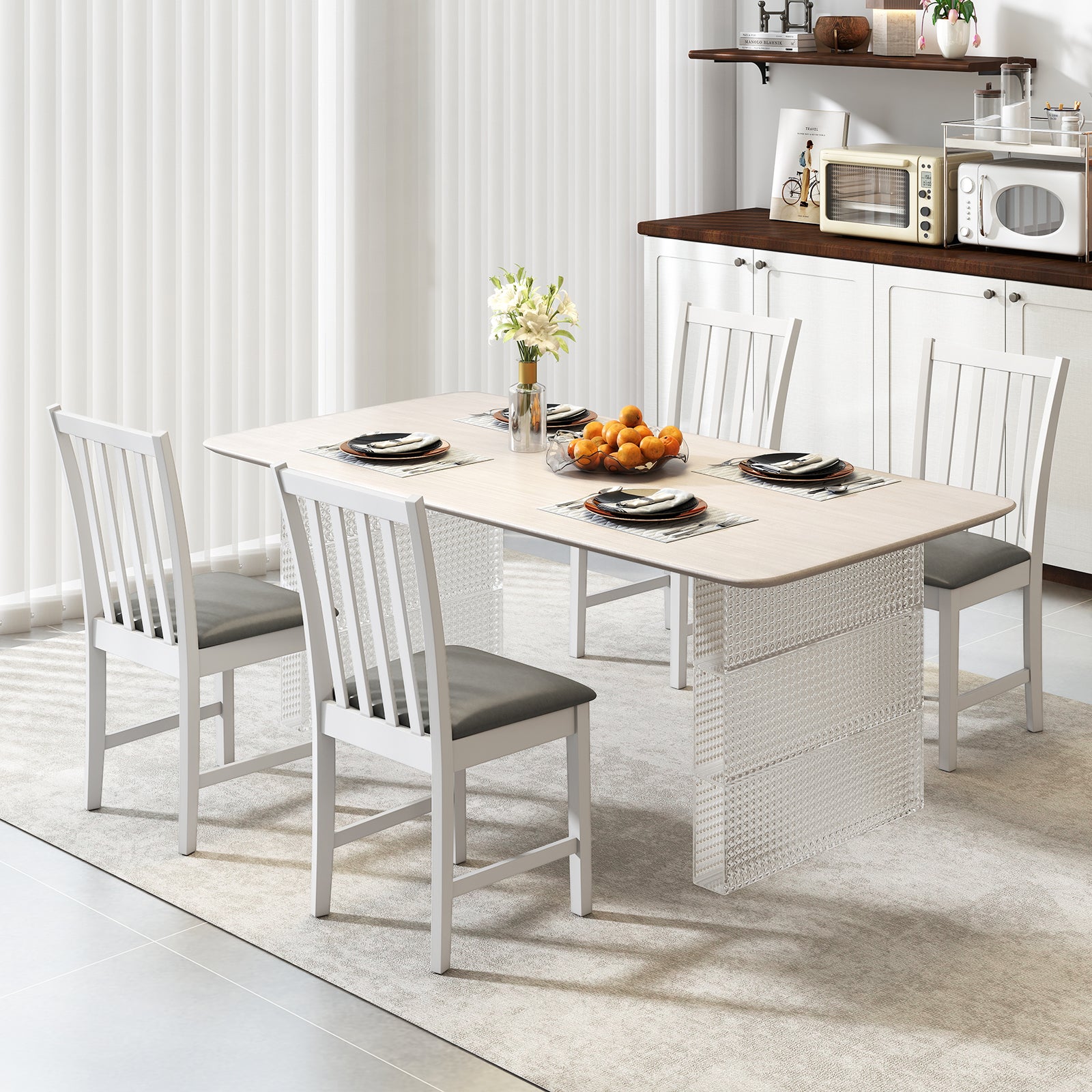 Wooden Dining Chair Set of 2 with Rubber Wood Frame and Padded Seat-White