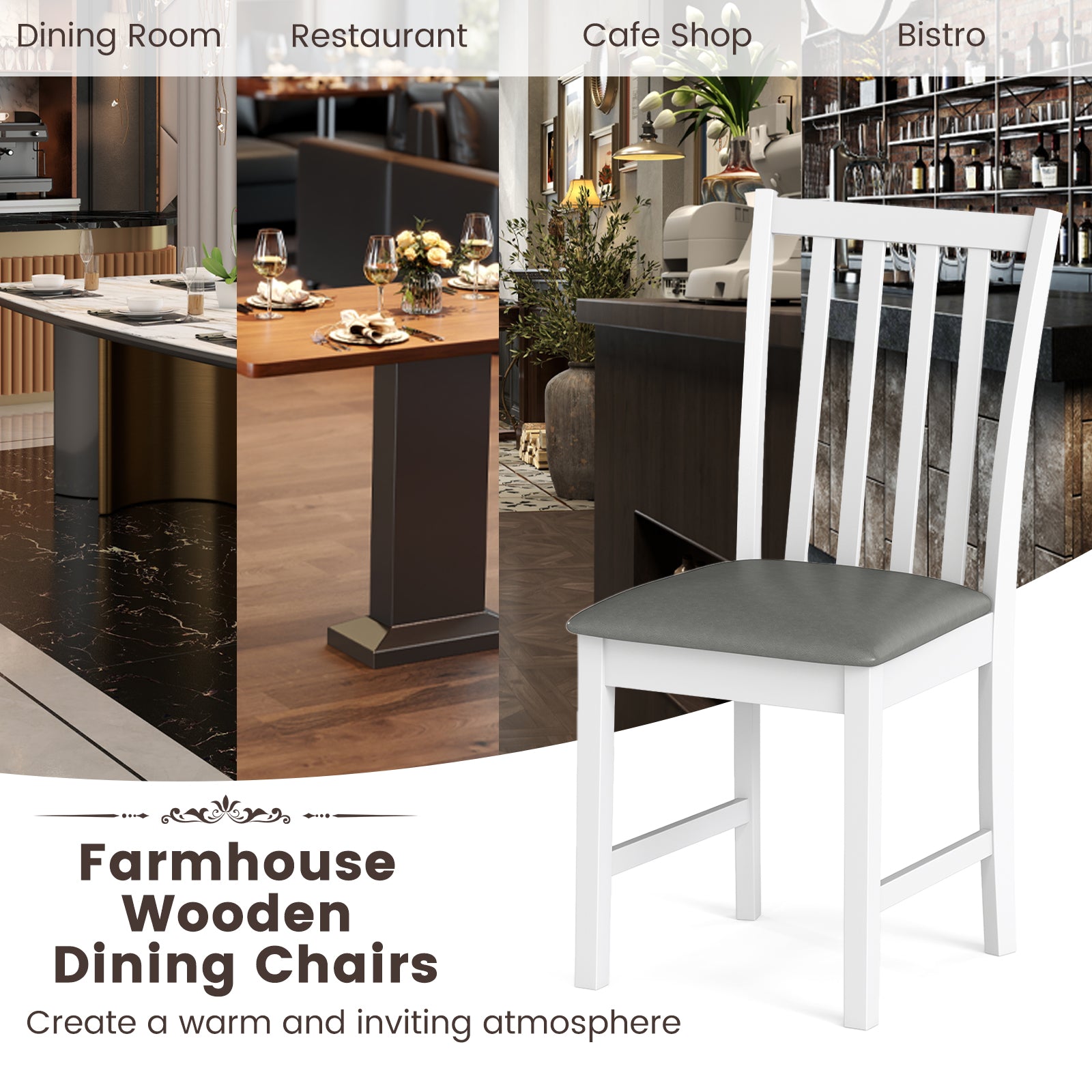 Wooden Dining Chair Set of 2 with Rubber Wood Frame and Padded Seat-White