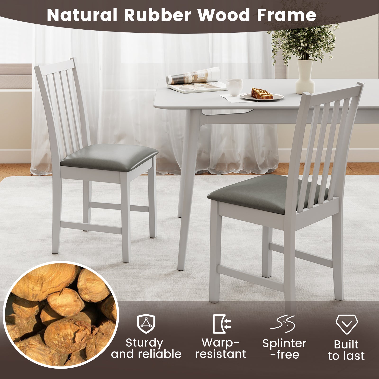 Wooden Dining Chair Set of 2 with Rubber Wood Frame and Padded Seat-White