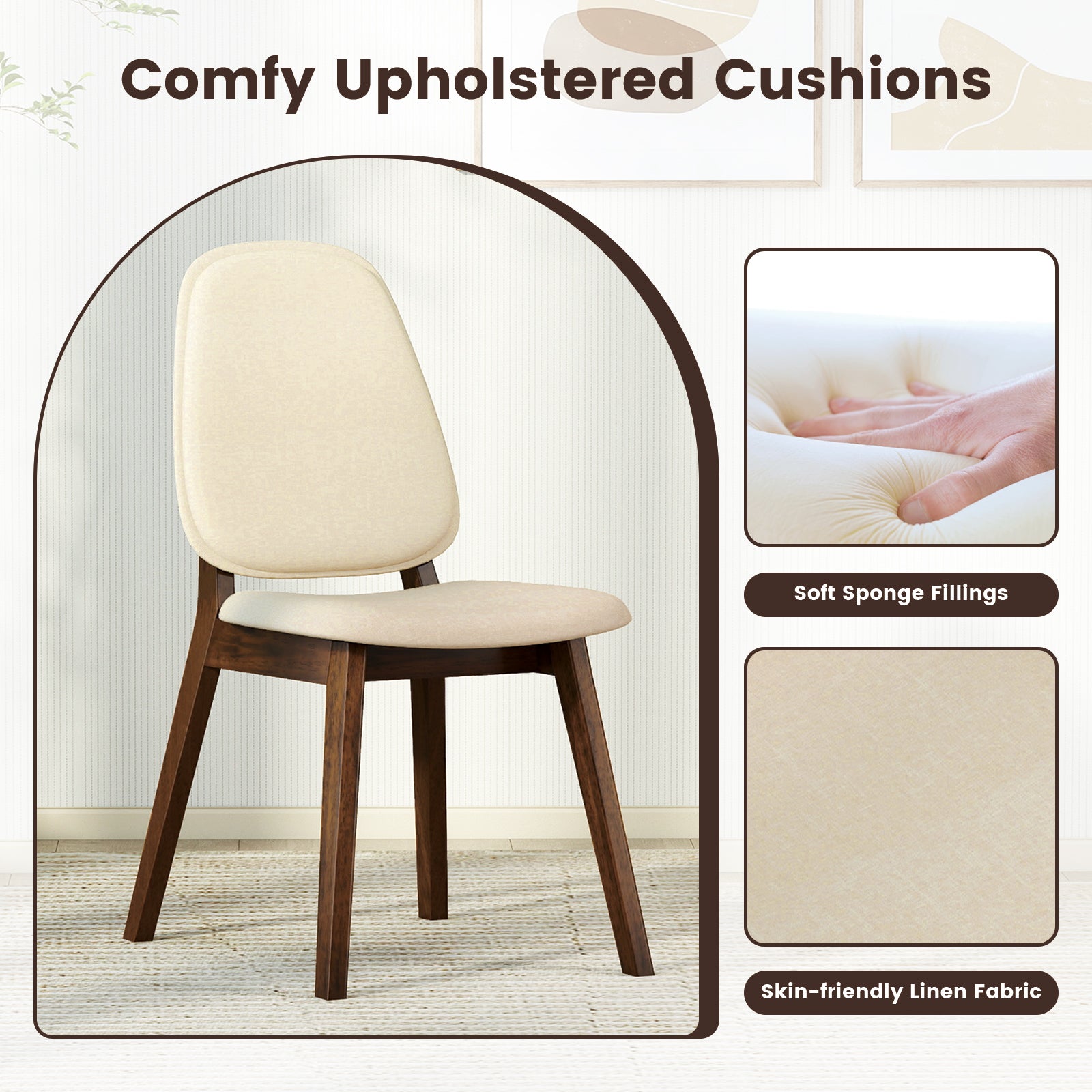 Wooden Dining Chair Set of 2 Mid-Century Modern Upholstered Side Armless Chair-Brown