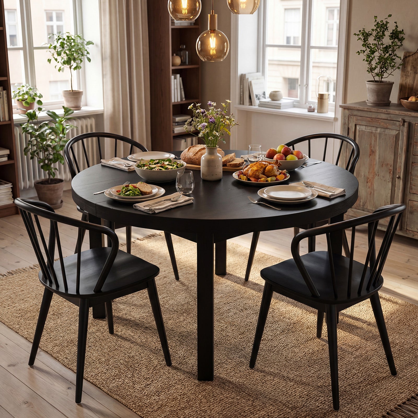 Wooden Dining Chair Set of 2 with High Spindle Back and Wide Seat-Black
