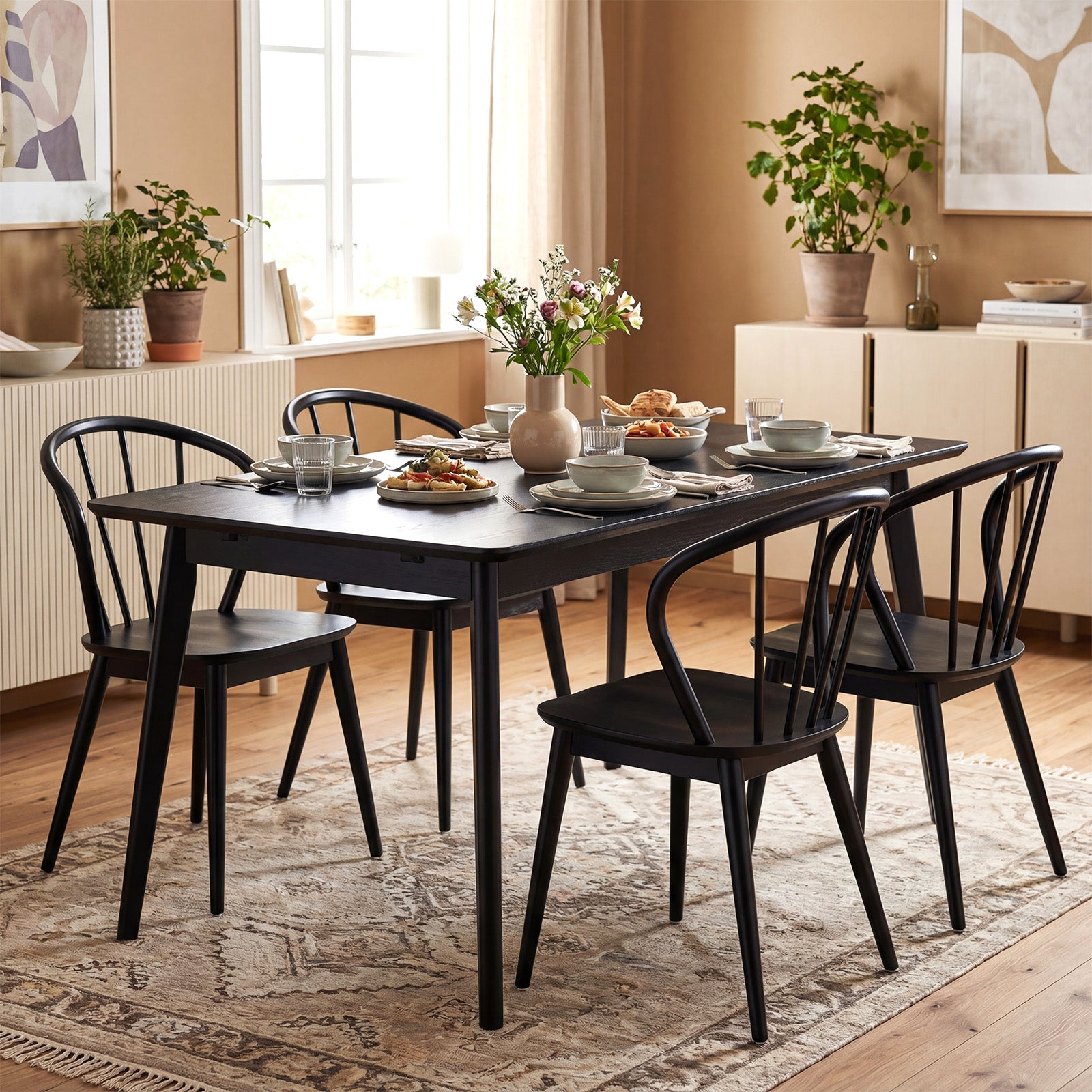 Wooden Dining Chair Set of 2 with High Spindle Back and Wide Seat-Black
