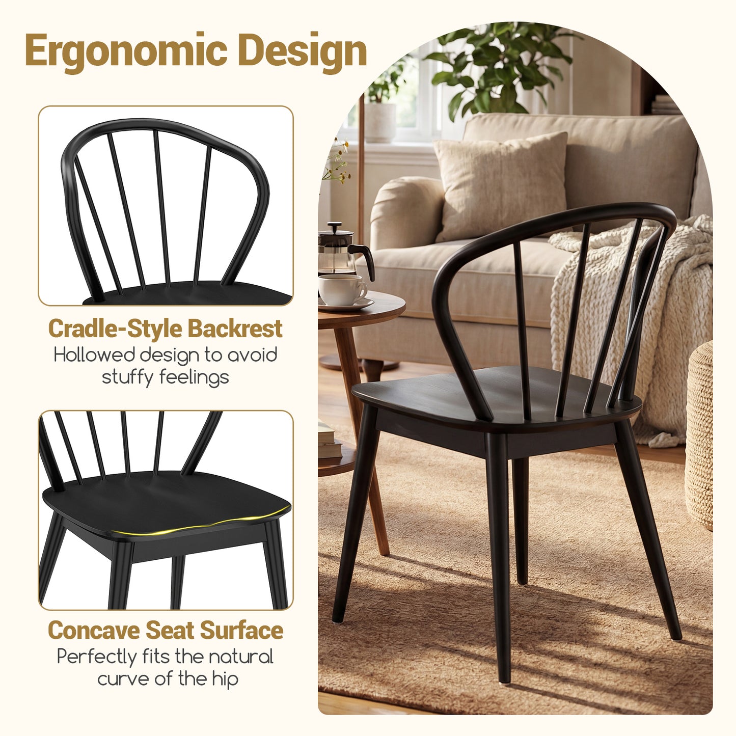 Wooden Dining Chair Set of 2 with High Spindle Back and Wide Seat-Black